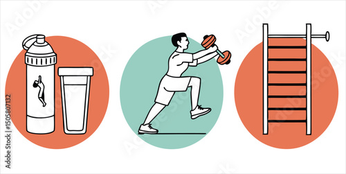 Fitness icon set with water bottle, protein shake, athlete with dumbbells, monkey bars