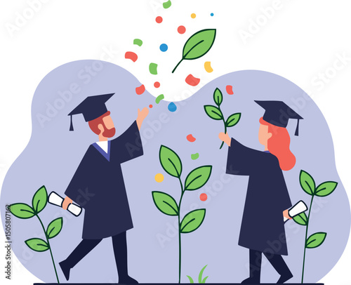 Graduates celebrating success with plants and diplomas in academic caps vector illustration 