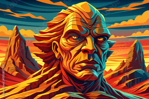 majestic rocky mountains with one large cliff shaped like a human face or ancient sculpture emerging from the rock at sunset