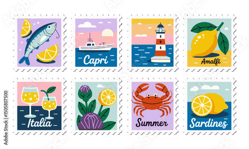 Modern vectors of postage stamp illustrations inspired by Italian coastal themes, summer stamp from Italy, are easily editable and scalable.