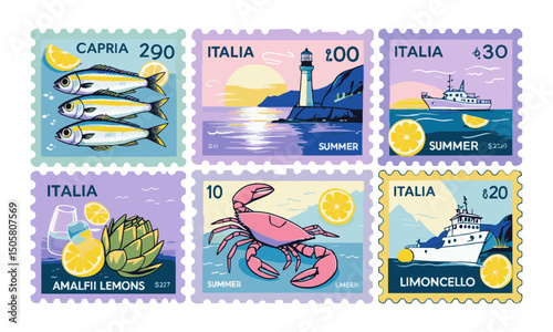 Modern vectors of postage stamp illustrations inspired by Italian coastal themes, summer stamp from Italy, are easily editable and scalable.