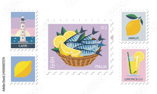 Modern vectors of postage stamp illustrations inspired by Italian coastal themes, summer stamp from Italy, are easily editable and scalable.