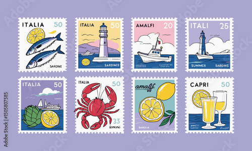 Modern vectors of postage stamp illustrations inspired by Italian coastal themes, summer stamp from Italy, are easily editable and scalable.
