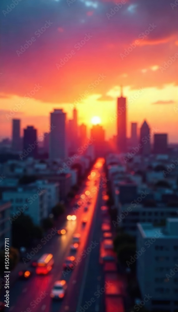 Fototapeta premium A blurred city skyline at sunset, symbolizing the uncertainty and potential of the future, with a warm, hopeful glow The image evokes a sense of progress and anticipation , progress, buildings