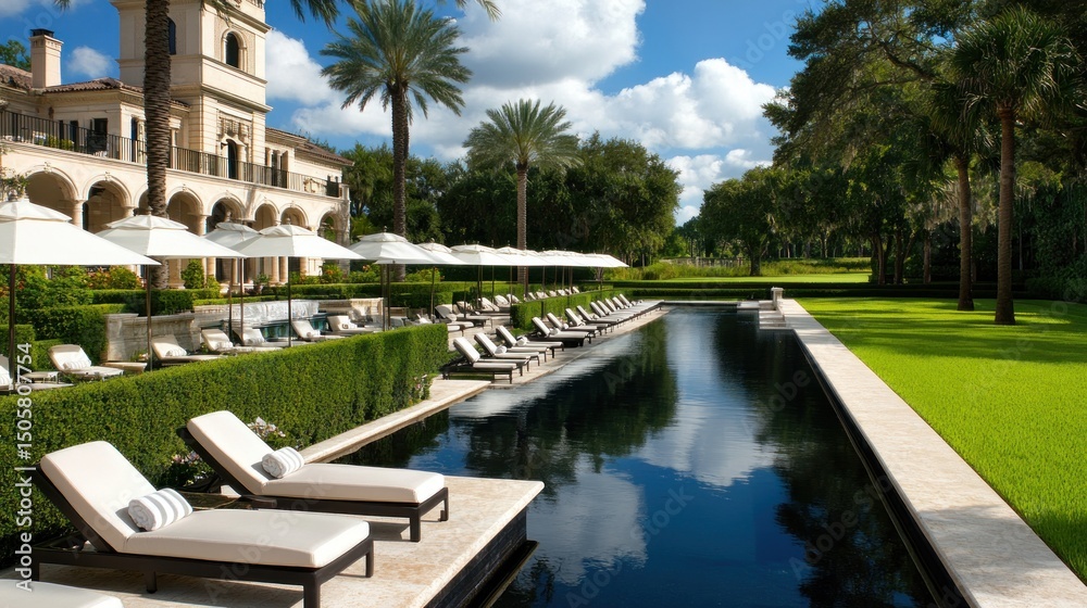Fototapeta premium Luxurious resort pool with chaise lounges, umbrellas, and manicured landscaping.