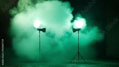 Animation video A powerful spotlight cuts through dark storm clouds, illuminating a dramatic night sky landscape.