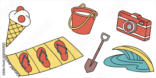 Beach themed collection featuring ice cream, bucket, camera, towel with sandals, shovel, and wave