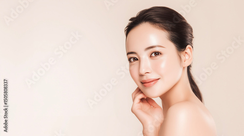 肌のうるおいが伝わる明るい笑顔の女性。温かみのある色調が安心感を演出（美容・スキンケア・コスメ・エステ）