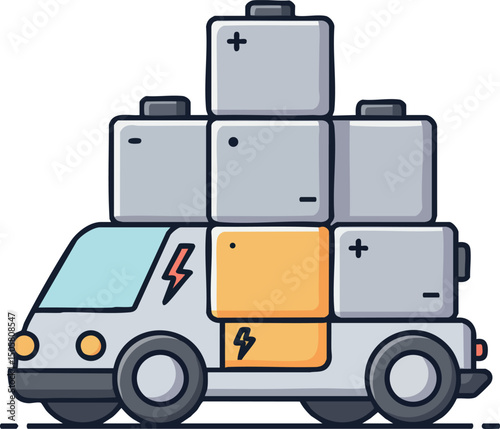 Electric cargo delivery van stacked with batteries vector illustration in flat style 