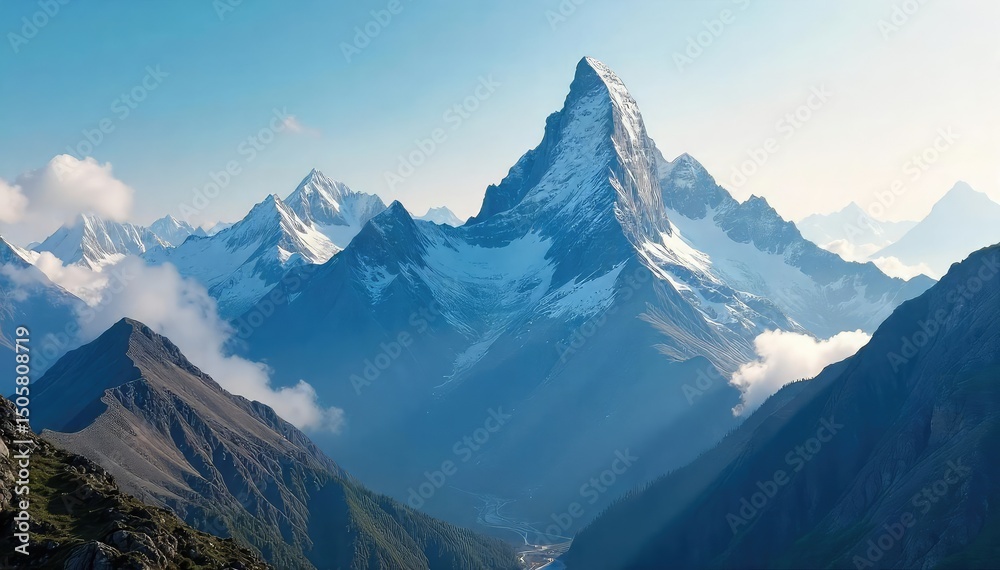 Obraz premium A majestic mountain peak shrouded in mist, challenging climbers with its steep slopes and rugged terrain The summit remains elusive, beckoning adventurers to conquer its heights , steep, adventure