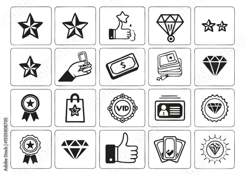 Black & White Reward, Loyalty, and Recognition Icons – Grid for Apps & Websites