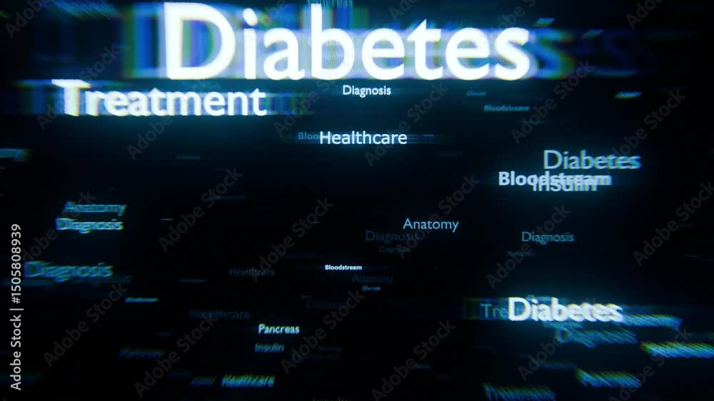 Seamless medical 3D loop animation featuring floating healthcare terms like Insulin, Diagnosis, Therapy, and Glucose. Perfect for medical presentations, pharmaceutical promos, healthcare videos, and s