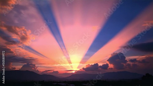 Animation video A dramatic summer sunset sky with a vibrant rainbow over the horizon and colorful clouds.
