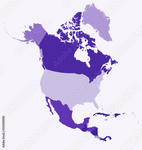 Map of North America with countries. Just a simple continent border map with country division. Deep purple color palette. Plain North America shape with administrative division. Vector illustration.