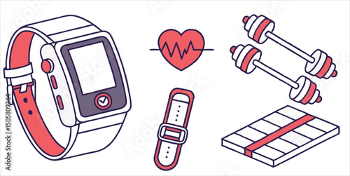 Fitness and health icons featuring smartwatch, heartbeat, dumbbells, and exercise mat