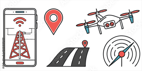 Technology and navigation icons featuring smartphone, location pin, drone, road, radar