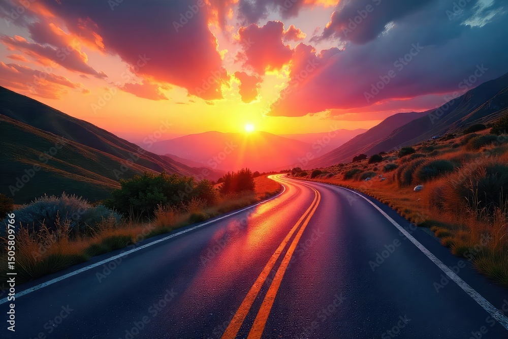 Fototapeta premium A winding road disappearing into a vibrant sunset, symbolizing the exciting possibilities and unknown adventures that lie ahead on life's journey , uncharted, scenic route, optimistic