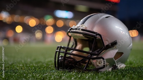 Close-up of football helmet on grass with blurred stadium lights, shallow depth of field