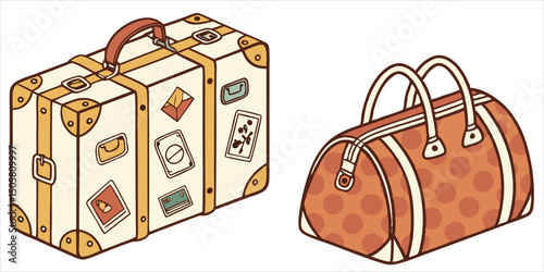 Vintage luggage and duffel bag isolated on white background, travel accessories