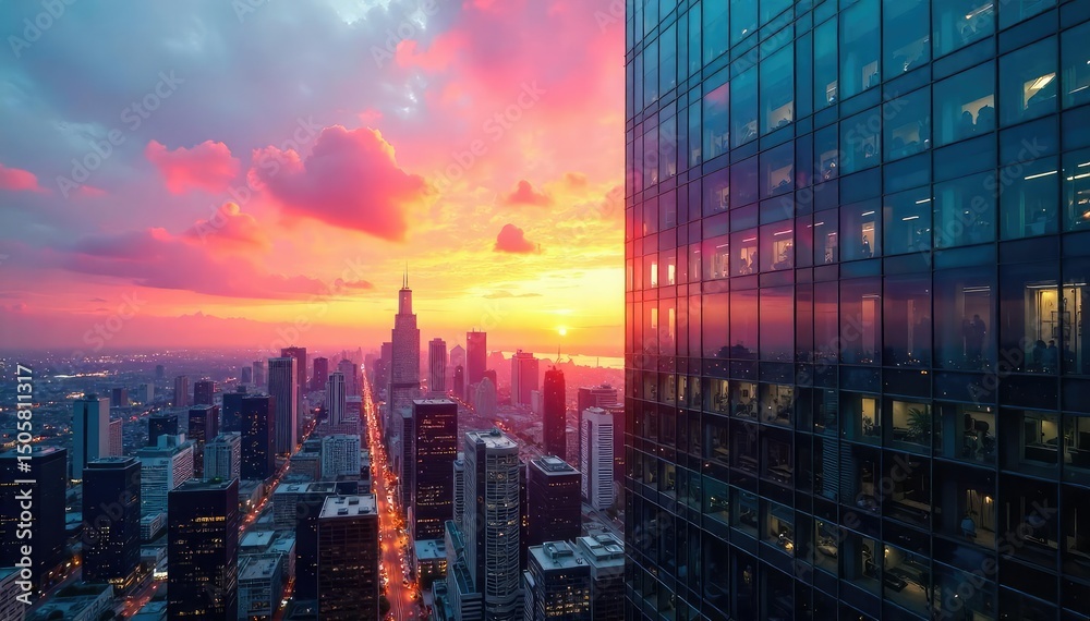 Obraz premium Sleek modern city office building reflecting the urban skyline at sunset Glass facade, vibrant cityscape backdrop, architectural details, business district , highrise, concrete, commercial