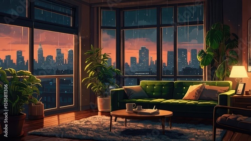 Warm morning and luxurious evening living room interior designs with a fireplace, comfortable sofa, and elegant decor
