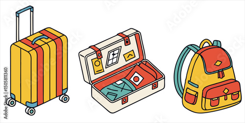 Travel essentials collection featuring suitcase, opened luggage with clothes, and backpack isolated on white background