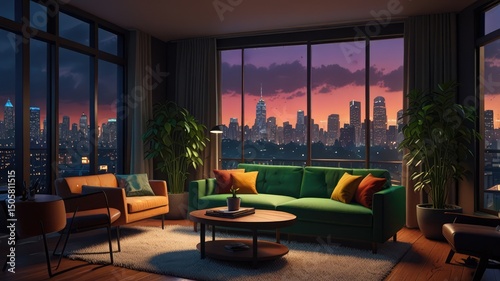 Warm morning and luxurious evening living room interior designs with a fireplace, comfortable sofa, and elegant decor
