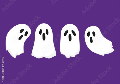 Happy halloween party greeting card with cute ghost. Holidays cartoon character. Trick or treat. Halloween funny cartoon.