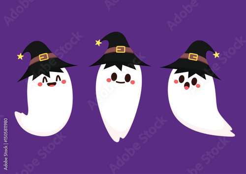 Happy halloween party greeting card with cute ghost. Holidays cartoon character. Trick or treat. Halloween funny cartoon.
