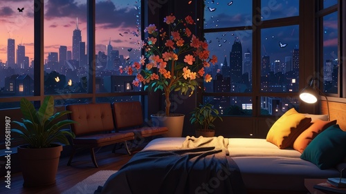 Warm morning and luxurious evening living room interior designs with a fireplace, comfortable sofa, and elegant decor