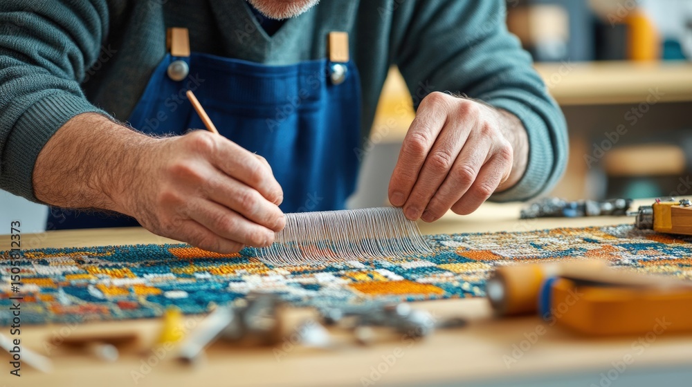 Craftsman meticulously repairing and rebuilding a colorful woven tapestry with precision tools Craftsman meticulously repairing and rebuilding a colorful woven tapestry with precision tools