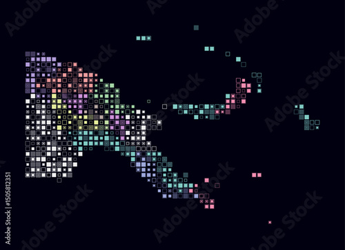Papua New Guinea, shape of the country build of colored cells. Digital style map of the Papua New Guinea on dark background. Small size square blocks. Plain vector illustration.