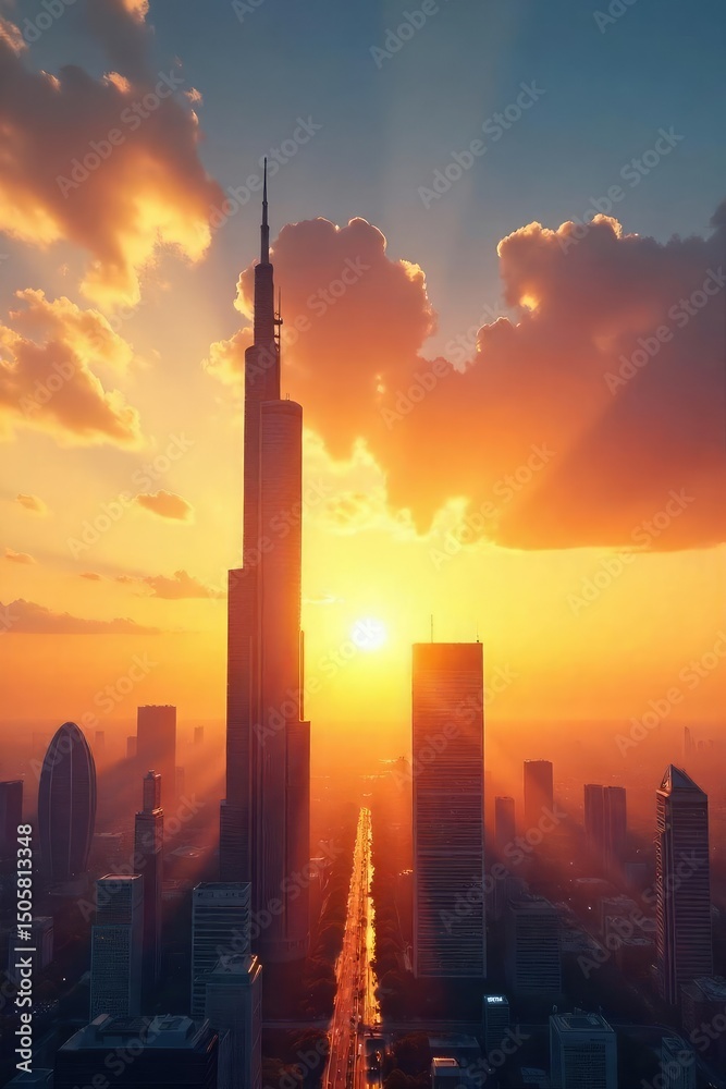 Obraz premium Golden rays illuminate a futuristic cityscape as the sun rises, casting long shadows and highlighting sleek skyscrapers A vibrant and breathtaking scene of urban dawn , breathtaking, technology