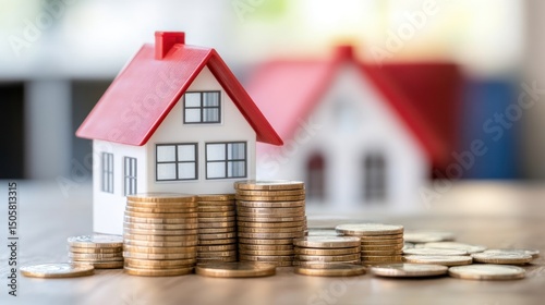 Two miniature houses on stacks of gold coins.