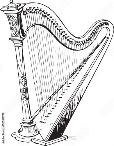 Harp Musical Instrument Vector Illustration, Sketch Drawing Line Linear Symbol Icon Engraving Coloring Book, Hand-drawn Black and White Isolated
