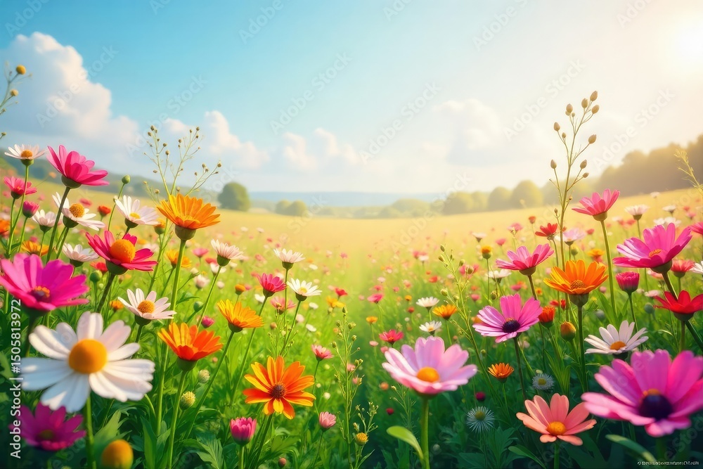 Obraz premium Vibrant abstract field of wildflowers in full bloom, perfect for website backgrounds or digital design projects Ideal for spring, summer, or nature themes , rural, idyllic