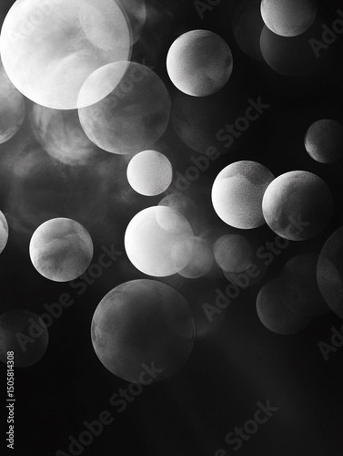 An abstract black and white image features a collection of translucent, overlapping bubbles of varying sizes. The bubbles are scattered across a dark background, creating a sense of depth and movement