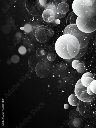 An abstract black and white image features a collection of translucent, overlapping bubbles of varying sizes. The bubbles are scattered across a dark background, creating a sense of depth and movement