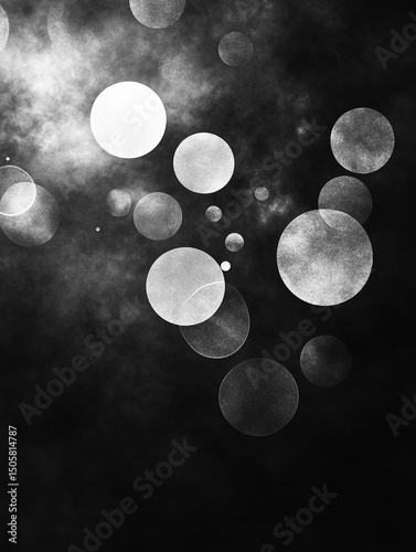 An abstract black and white image features a collection of translucent, overlapping bubbles of varying sizes. The bubbles are scattered across a dark background, creating a sense of depth and movement