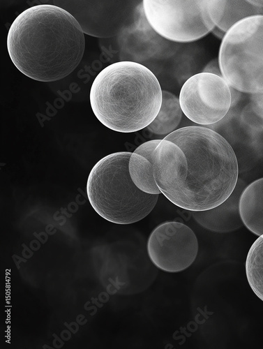 An abstract black and white image features a collection of translucent, overlapping bubbles of varying sizes. The bubbles are scattered across a dark background, creating a sense of depth and movement