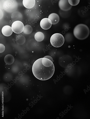 An abstract black and white image features a collection of translucent, overlapping bubbles of varying sizes. The bubbles are scattered across a dark background, creating a sense of depth and movement