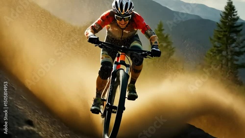 Intense mountain biking descent with thrilling dust trail in epic landscape