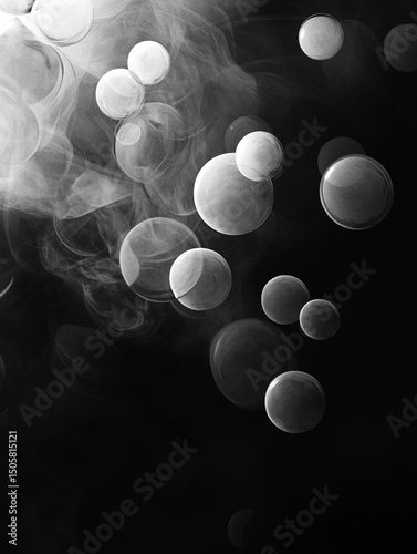 An abstract black and white image features a collection of translucent, overlapping bubbles of varying sizes. The bubbles are scattered across a dark background, creating a sense of depth and movement