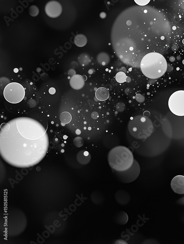 An abstract black and white image features a collection of translucent, overlapping bubbles of varying sizes. The bubbles are scattered across a dark background, creating a sense of depth and movement
