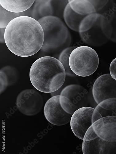An abstract black and white image features a collection of translucent, overlapping bubbles of varying sizes. The bubbles are scattered across a dark background, creating a sense of depth and movement