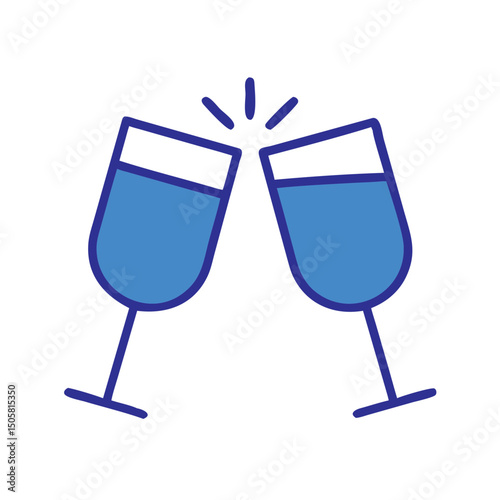 Blue clinking wine glasses icon in flat style