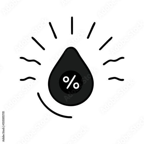 Black oil drop icon with rays and percentage symbol