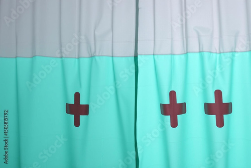 Vibrant Teal and Gray Flag with Three Distinctive Red Cross Symbols