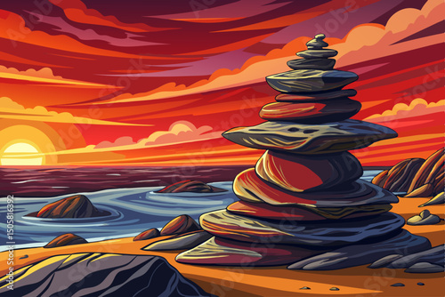 A stack of rocks on a beach with a orange and yellow sky in the background
