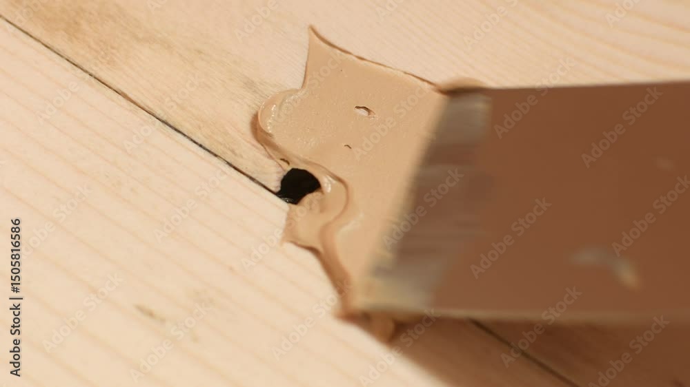 Wood knot cavity is poorly filled with putty, leaving gaps and air pockets, highlighting improper technique in floor repair process.